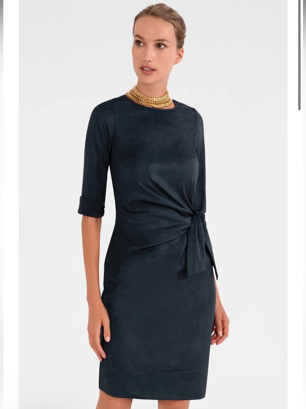 J. McLaughlin Navy Twist Midi Faux Suede Dress Luxe Quiet Luxury Sheath S